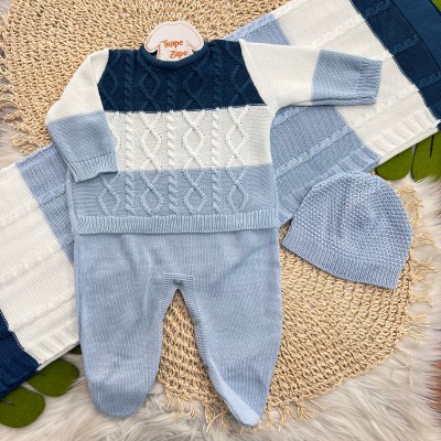 Saída de Maternidade 3 Peças Lucas - Azul Jeans e Azul Bebê